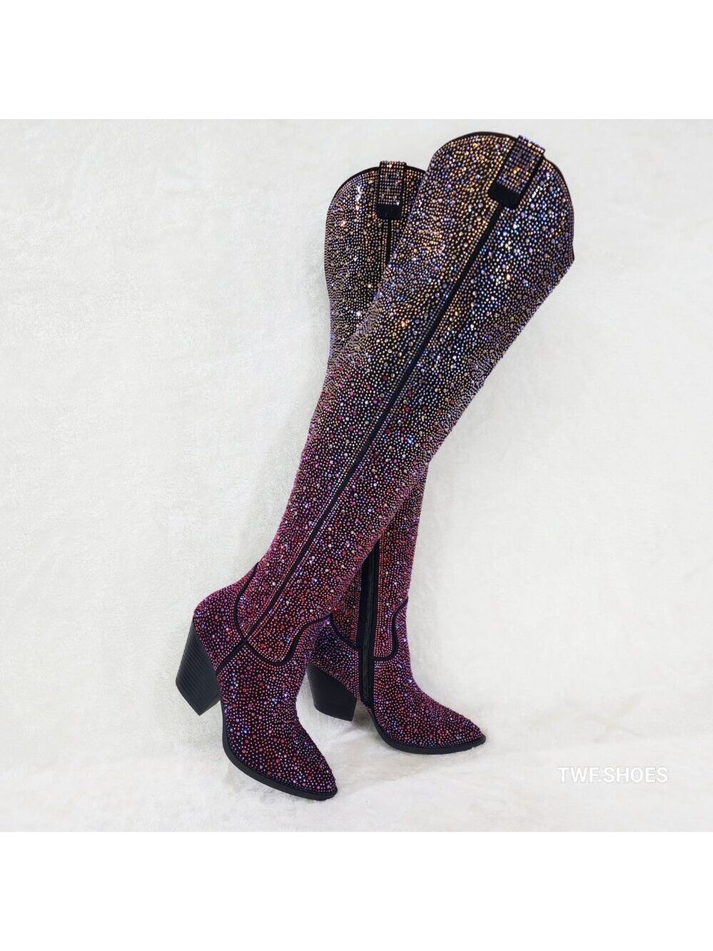 Country Glam Black Multi Color Rhinestone Disco Western Cowgirl Thigh High Boots